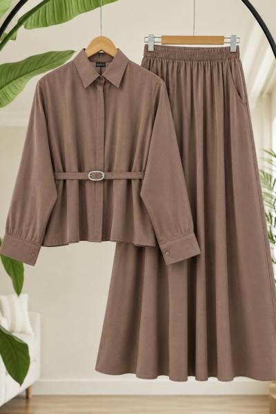 Kemer Detaylı Etek Blüz Takım Camel  K50260