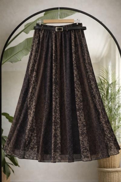 kemerli astarlı asimetrik desenli şifon etek  siyah-kahve UMS50345