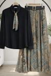 Kemerli astarlı şifon etek gömlek Takım siyah HT8082