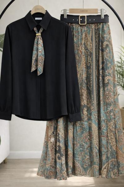 Kemerli astarlı şifon etek gömlek Takım siyah HT8082