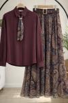 Kemerli astarlı şifon etek gömlek Takım Bordo HT8082