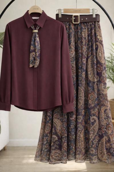 Kemerli astarlı şifon etek gömlek Takım Bordo HT8082