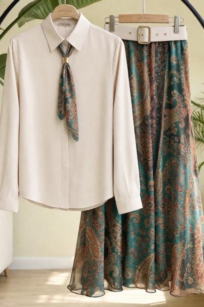 Kemerli astarlı şifon etek gömlek Takım Bej HT8082