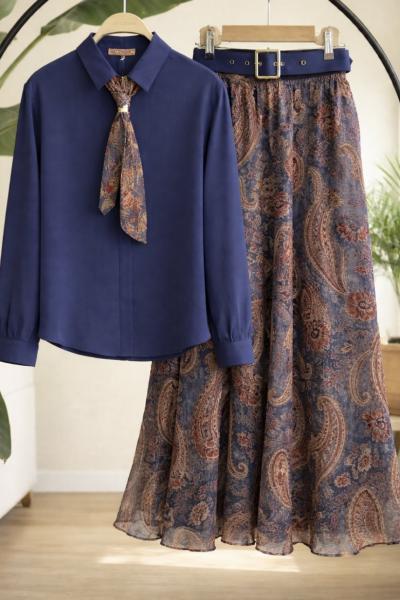 Kemerli astarlı şifon etek gömlek Takım Lacivert HT8082