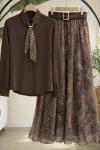 Kemerli astarlı şifon etek gömlek Takım Kahverengi HT8082