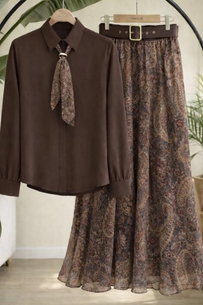 Kemerli astarlı şifon etek gömlek Takım Kahverengi HT8082