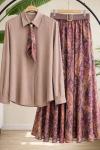Kemerli astarlı şifon etek gömlek Takım Vizon HT8082