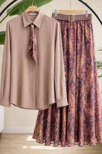Kemerli astarlı şifon etek gömlek Takım Vizon HT8082
