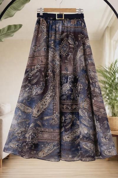 Kemerli astarlı şifon Etek Lacivert UMS50351