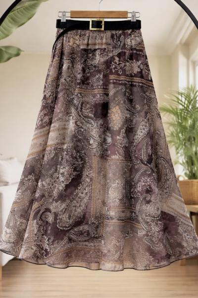 Kemerli astarlı şifon Etek Kahverengi UMS50351