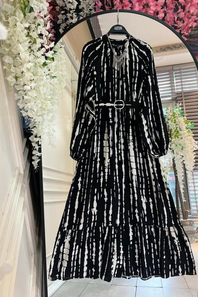 Kemerli boydan düğmeli yağmur elbise siyah UMS50257