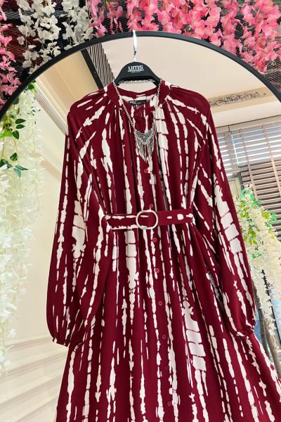 Kemerli boydan düğmeli yağmur elbise Bordo UMS50257