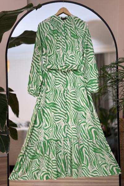Kemerli Boydan Düğmeli Zebra Elbise Yeşil UMS50150