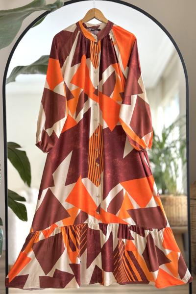 Kemerli Boydan Düğmeli Elbise Kahve UMS50153