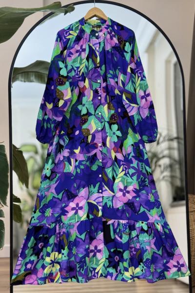 Kemerli Boydan düğmeli Desenli Elbise Saks UMS50170