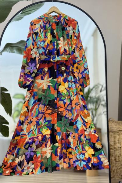 Kemerli Boydan düğmeli Desenli Elbise Turuncu UMS50170