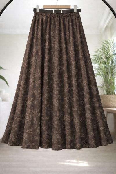 Kemerli çiçek işlemeli astarlı Tül etek Kahverengi BK9543