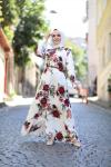 Kemerli Çiçek Desen Elbise Bej PKL754