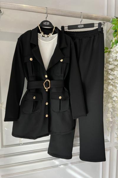 Kemerli ceketli takım siyah UMS50316