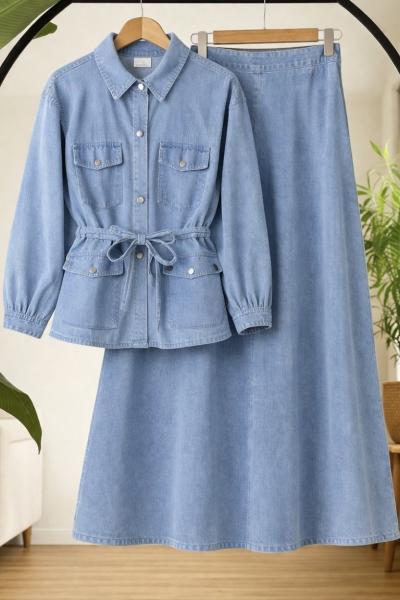 Kemerli cepli etekli Kot takım Mavi YR8090