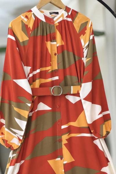 Kemerli düğmeli Tesettür Elbise Kiremit UMS50266