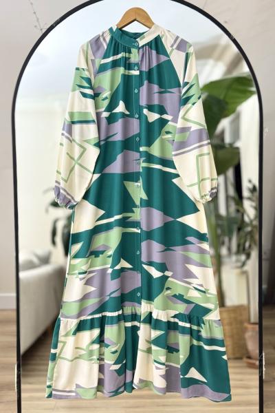 Kemerli düğmeli Tesettür Elbise Yeşil UMS50266