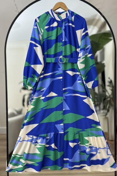 Kemerli düğmeli Tesettür Elbise saks UMS50266