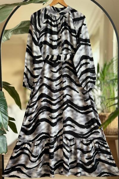 Kemerli Düğmeli Viskon Elbise Siyah  UMS50155