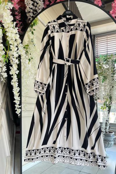 Kemerli Dijital Baskı geometrik Desenli Elbise siyah UMS50249