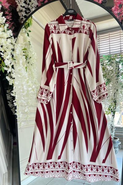 Kemerli Dijital Baskı geometrik Desenli Elbise Bordo UMS50249