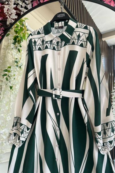 Kemerli Dijital Baskı geometrik Desenli Elbise Yeşil UMS50249