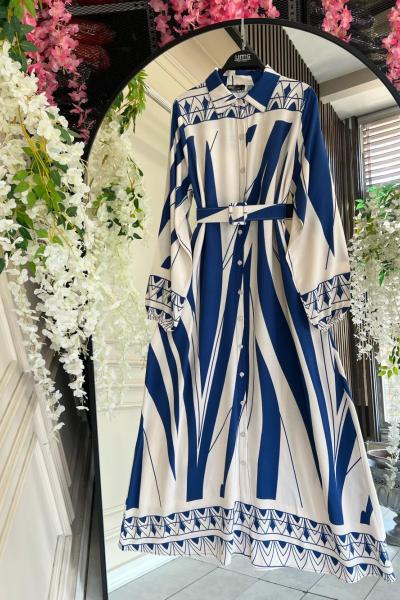 Kemerli Dijital Baskı geometrik Desenli Elbise indigoUMS50249