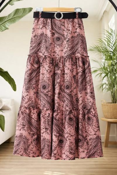 Kemerli dikiş Detaylı desenli Etek Pembe TB8088