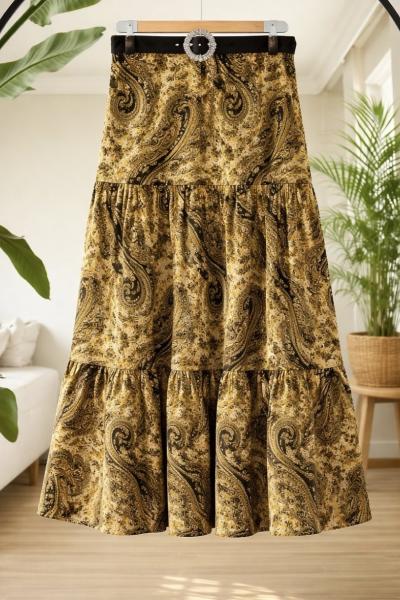 Kemerli dikiş Detaylı desenli Etek Sarı TB8088