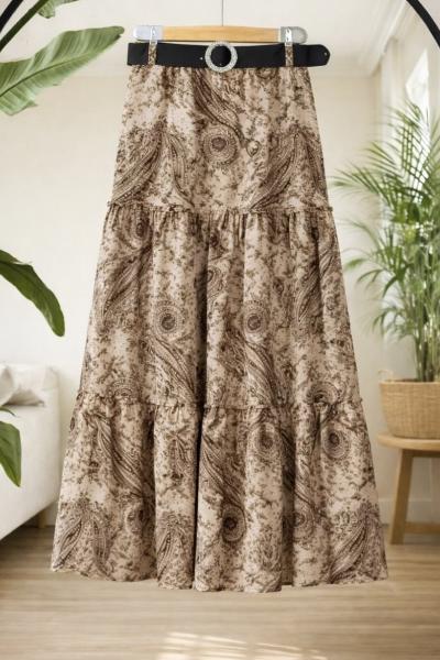 Kemerli dikiş Detaylı desenli Etek Bej  TB8088