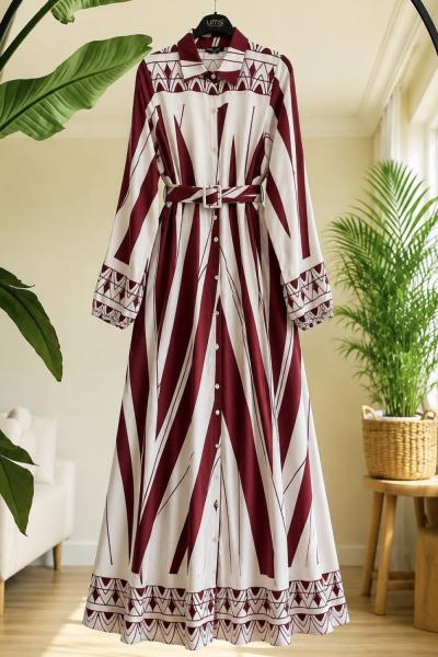 Kemerli Dijital Baskı geometrik Desenli Elbise bordo UMS50249