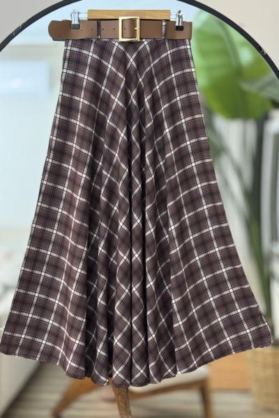 Kemerli Ekose kiloş Etek Kahverengi BK9537