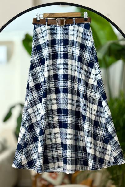 Kemerli ekoseli kiloş etek Lacivert TB8047