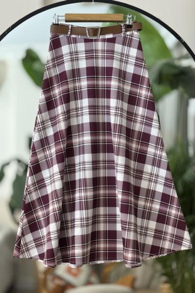 Kemerli ekoseli kiloş etek bordo TB8047