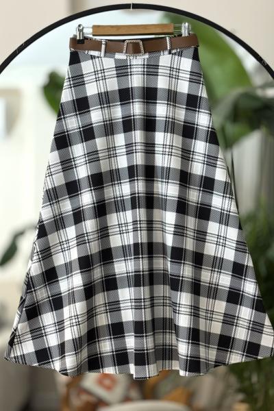 Kemerli ekoseli kiloş etek Siyah TB8047