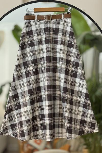 Kemerli ekoseli kiloş etek Kahverengi TB8047