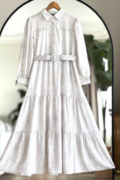 Kemerli fırfır Detaylı elbise Ekru UMS50241