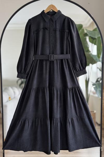 Kemerli fırfır Detaylı elbise Siyah  UMS50241