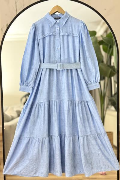 Kemerli fırfır Detaylı elbise Mavi  UMS50241