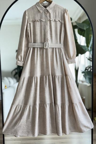 Kemerli fırfır Detaylı elbise Bej  UMS50241