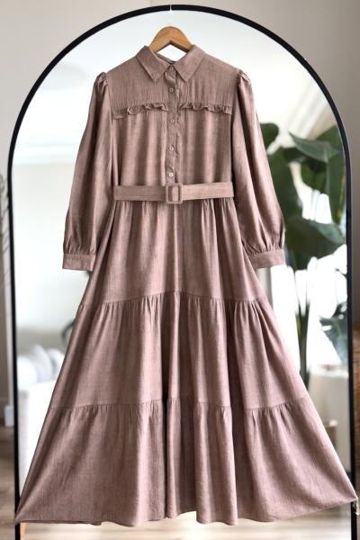 Kemerli fırfır Detaylı elbise camel UMS50241