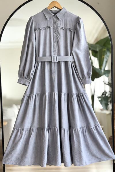 Kemerli fırfır Detaylı elbise Gri UMS50241