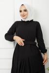 Kemerli fıfırlı Elbise Siyah HBS1199