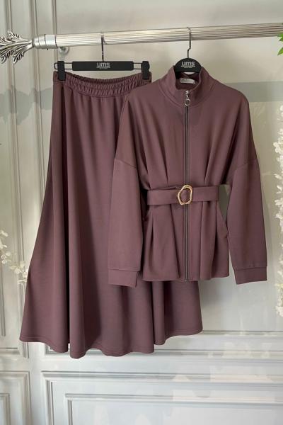 Kemerli fermuarlı etekli Takım Kahve UMS50315