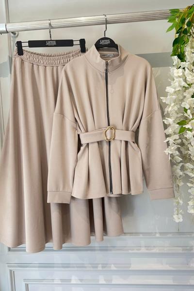 Kemerli fermuarlı etekli Takım Bej UMS50315
